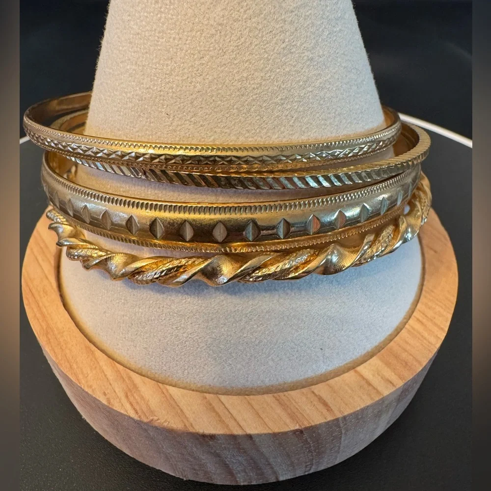 Vintage 1980s Gold Tone Bangle Bracelet Set Textured Stack Boho Minimalist - EUC